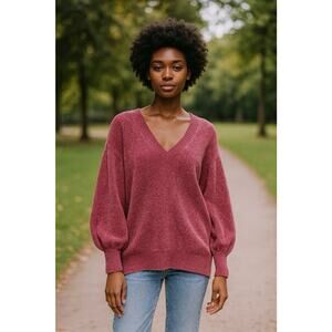 Hyve Chenille Sweater Tunic Women’s S Pink Plush V-Neck Bishop Sleeve Cozy